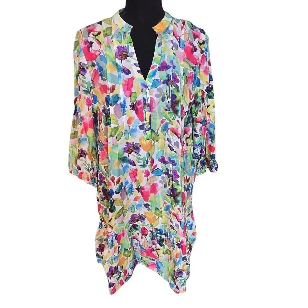 Lior Womens Floral Pleated Ruffle Long Sleeve Midi Dress Multicolor Size Medium